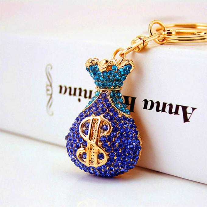 Großhandels-Zusätze Keyhains Diamond Crystal Money Bag Car Keys Ring Metal Pendant Women Bag für Geschenke