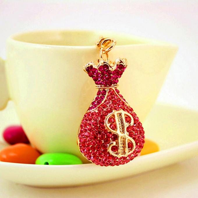 Großhandels-Zusätze Keyhains Diamond Crystal Money Bag Car Keys Ring Metal Pendant Women Bag für Geschenke