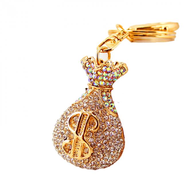 Großhandels-Zusätze Keyhains Diamond Crystal Money Bag Car Keys Ring Metal Pendant Women Bag für Geschenke